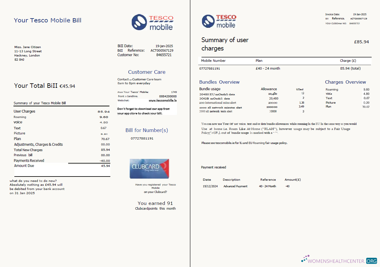 download United Kingdom Tesco Mobile utility bill template in Word and PDF formats, 2 pages, version 2 PDF template